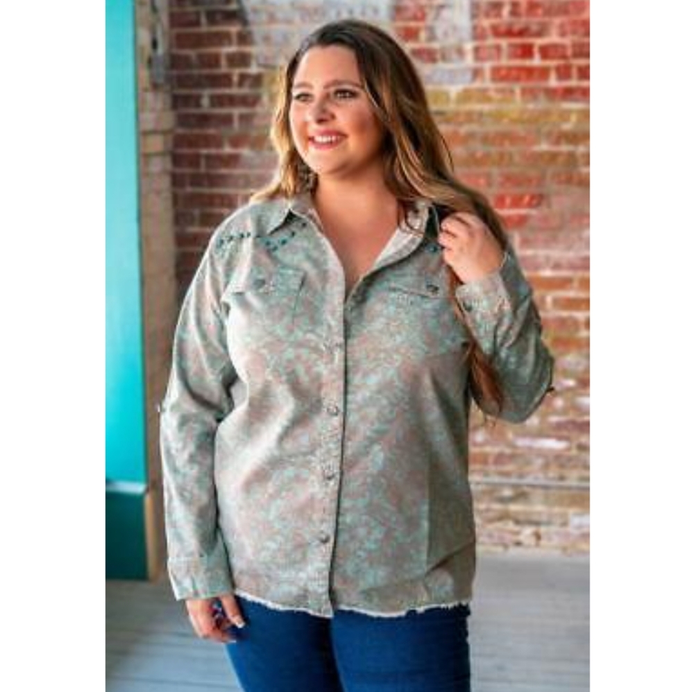 #73. Lucky & Blessed Turquoise Denim type Button up shirt size small